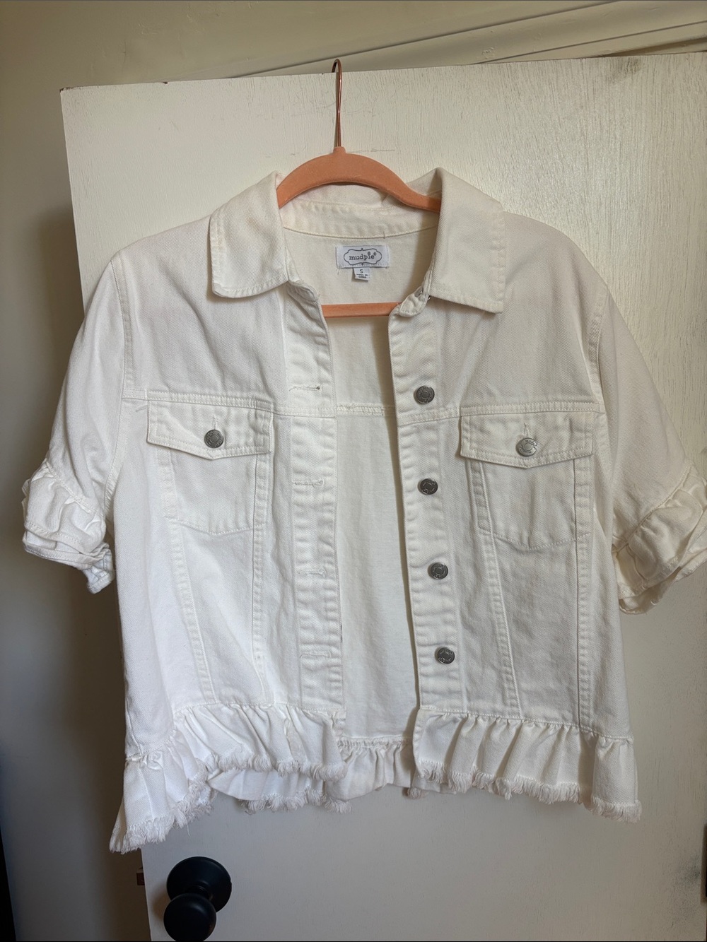 Mudpie White Short Sleeve Ruffled Hem Denim Jacket
